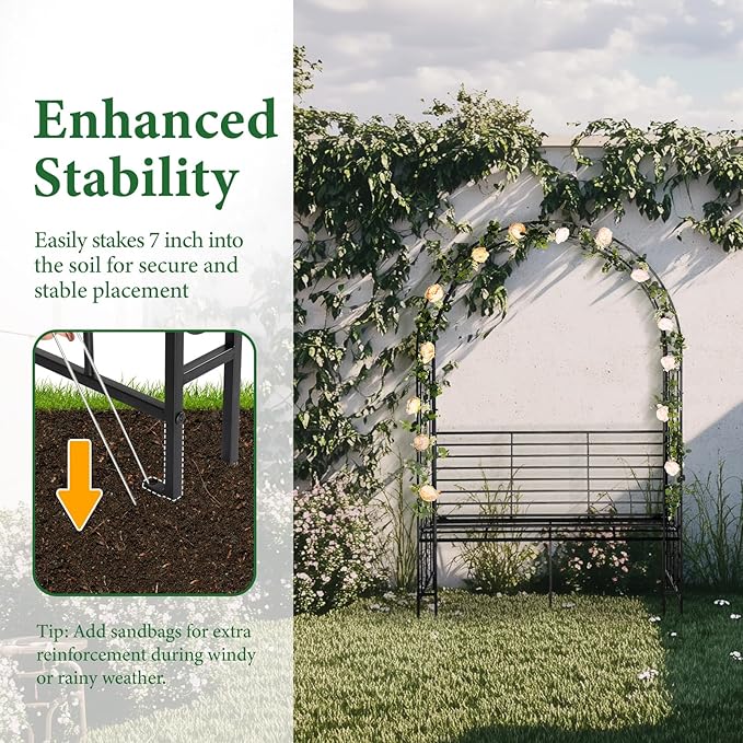 VINGLI Garden Arbor Arch, Wedding Arch Archway for Ceremony Party, Durable Steel Trellis for Plant Climbing, Christmas Decorations Pergola for Backyard, Lawn, Patio, Yard (with Bench)