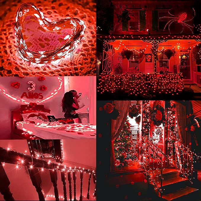 Outdoor Solar String Lights, 2 Pack 33ft 100L Solar Copper Fairy Lights,8 Modes Twinkle Lights Decor for Indoor Outdoor Patio Yard Trees Christmas Wedding Party (Red)