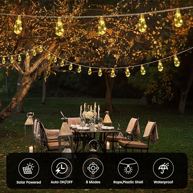 Solar String Lights, 24FT Vintage Rope Hemp Solar Outdoor String Lights with 20 Shatterproof Bulbs, Waterproof 8 Modes Solar Powered Patio Lights for Garden Fence Balcony Camping (Warm White)