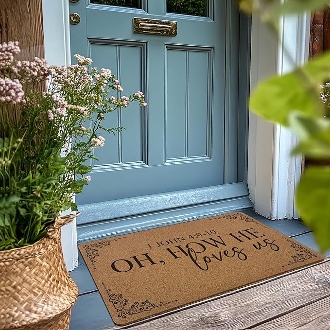 Christian Door Mat Doormat, Bible Verse Welcome Front Door Mat Indoor Outdoor Entrance, Oh How We Loves Us Religious Artificial Coir Doormats Rugs for Porch Entryway Home Decor 30x17in