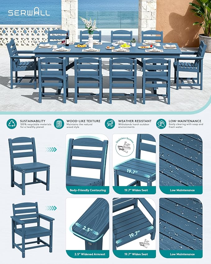 SERWALL 11 Piece Outdoor Dining Set, 84" HDPE Outdoor Table and Chairs for 10，All Weather Patio Furniture Set with Umbrella Hole for Backyard, Garden, Blue