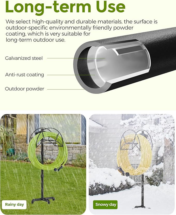LAND·VOI Hose Holder, Garden Hose Holder Freestanding, Metal Heavy Duty Water Hose Holder Holds 150 Feet Hose, Detachable Hose Storage Hanger for Outside with 3 Spikes, for Lawn Yard, Black GHH01B
