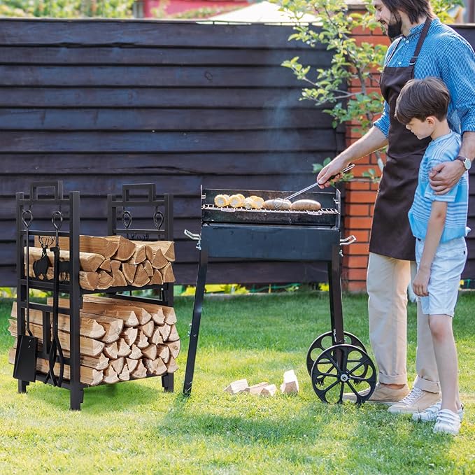 INNO STAGE Firewood Rack Fireplce Firepit Tools Set Double Layer Iron Wood Log Holder for Fire Place Outdoor Indoor Accessories-Brush, Shovel, Tong, Hook