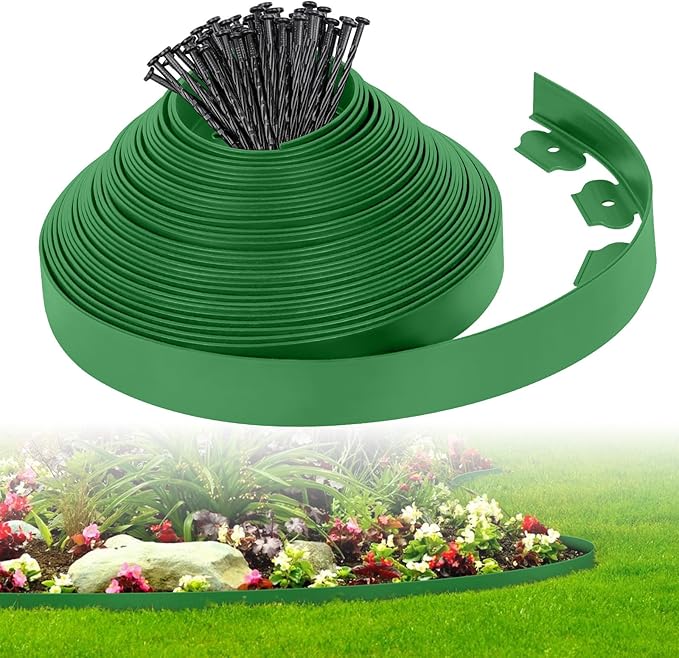 2-Inch x 50 FT Landscape Edging Border with 75 Spikes, Garden Edging Border Lawn Edging Border, Plastic Edging Border Flexible for Garden Flower Beds Lawn Yard Paver Pathway (Green)