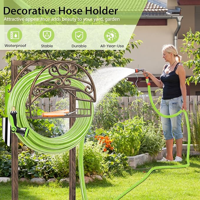 TomCare Garden Hose Holder Upgraded Detachable Water Hose Holder Thick Metal Hose Hanger Heavy Duty Free Standing Garden Hose Storage Hose Stand Decorative Hose Organizer for Outside, Bronze