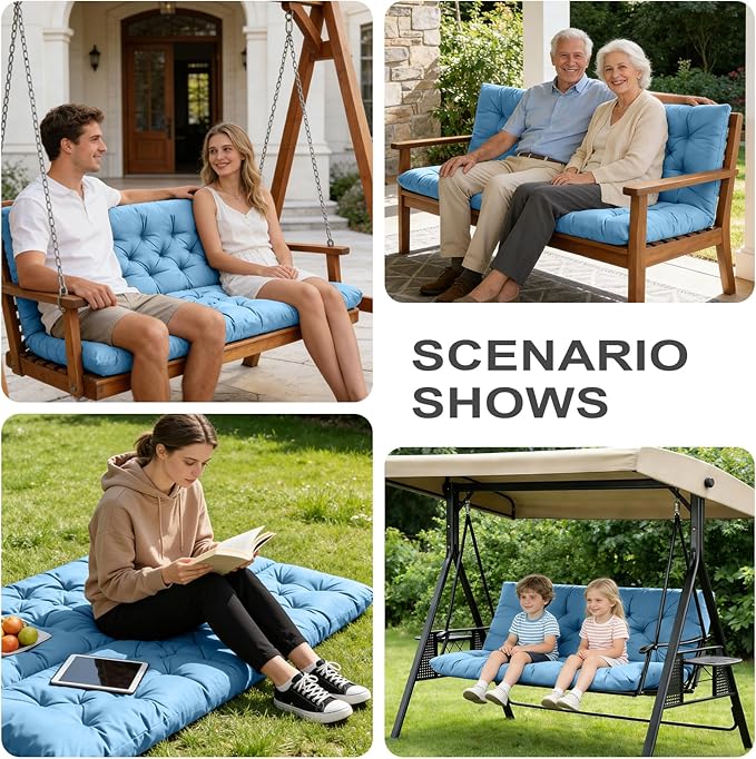 Porch Swing Cushions,Outdoor Cushions 3 Seater Replacement with Backrest, Waterproof Thickened Bench Cushion with Ties for Porch, Patio,Outdoor, Backyard and Garden (Sky Blue 47 * 40 in)