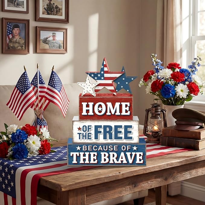 4 Pcs 4th of July Patriotic Table Decor Flag Star Wooden Sign Home of the Free Because of the Brave Block Red White Blue Tiered Tray Decor Rustic Tabletop Centerpiece for Home Desk Shelf Mantel