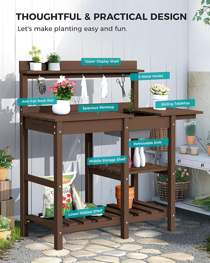 SERWALL Outdoor Potting Bench 2-Piece Set, Rot-Resistant HDPE Potting Table with Removable Sink for Outside Gardening, All-Weather Use - Coffee