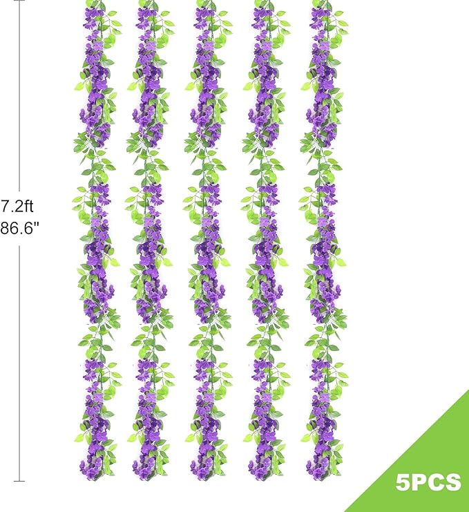 Findosom Wisteria Artificial Flowers Garland, 5Pcs Total 36FT Purple Wisteria Hanging Flowers, Flower Garland Decorations for Home Garden Outdoor Ceremony Wedding Arch Decoration