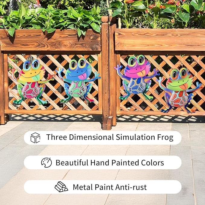Junware Metal Frog Wall Decor, 4Pcs Frog Iron Wall Art Sculptures Art Frogs Wall Hanging Sculpture Decoration. Outdoor Fence Art for Home Garden, Fence, Patio, Yard, Bedroom Outside Gifts for Adults