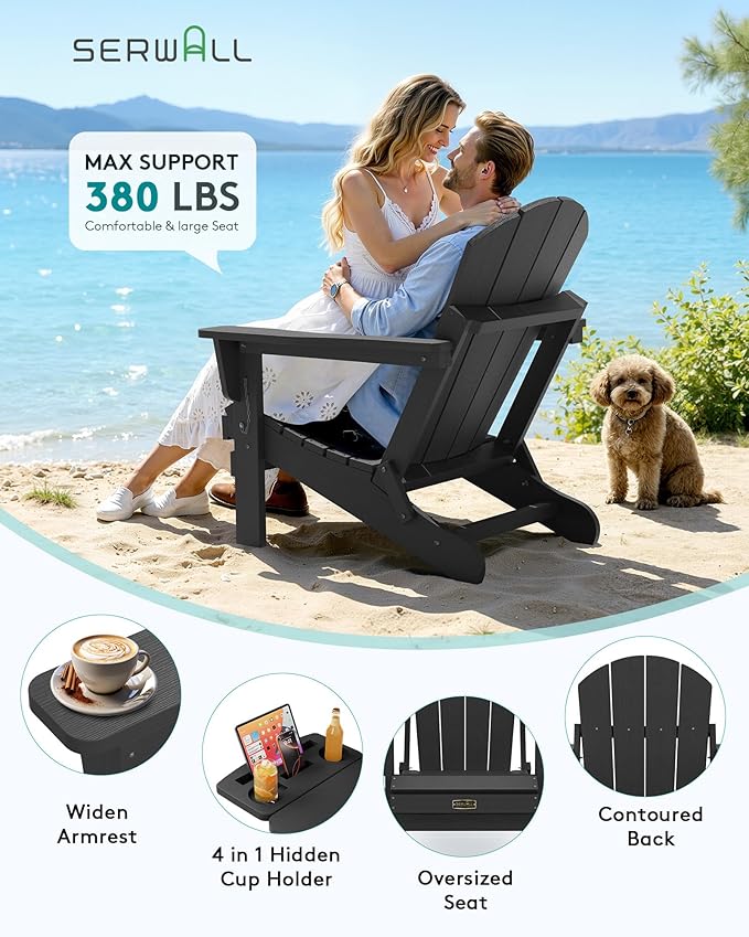 SERWALL Folding Adirondack Chair Set of 4, Outdoor Adirondack Chairs with 4 in 1 Cup Holder, Wood Texture Patio Chairs, Weather Resistant Fire Pit Chairs for Patio Deck Garden, Backyard Deck - Black