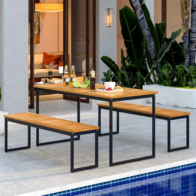 Tangkula 3 Pieces Outdoor Dining Set for 6 People, 55 inch Rectangle Patio Table & 2 Benches with Acacia Wood Tabletop, Metal Frame & Umbrella Hole, Dining Furniture for Yard, Garden, Poolside