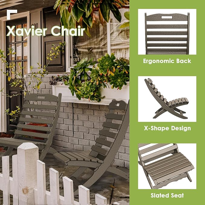 GREENVINES Folding Wave Chairs Set of 2 | Xavier | Portable Adirondack Chair | HDPE Wood Grain | All Weather | Desert Brown | for Fire Pit Beach Outdoor Deck Poolside Garden Patio Porch Fishing