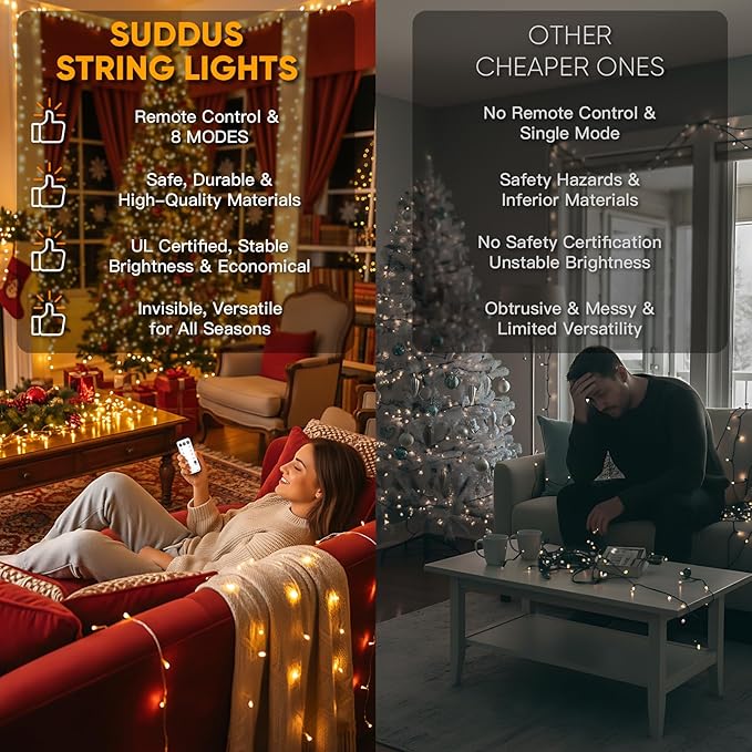 suddus 200 Led Connectable Christmas Lights Outdoor Waterproof, 66ft Fairy Lights Plug in with Remote, Warm White Christmas Tree Light Indoor for Bedroom, Dorm, Xmas Party, Porch, Patio, Garden Decor