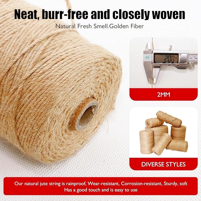 2MM Natural Jute Twine String — 800Ft Brown Durable Jute Rope, Used for Hand Crochet, Climbing Plant, Gardening Flowers, Home Decorations, Art Crafts Gift Packaging, Weddings, Christmas