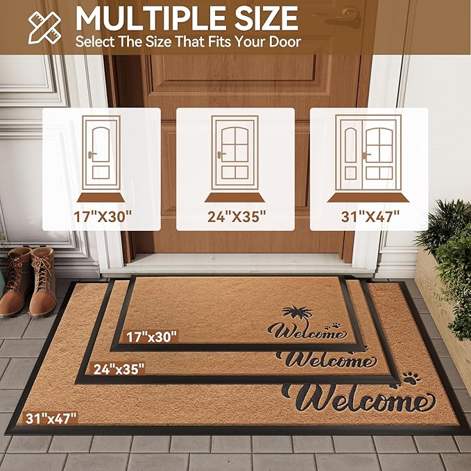 Dirt Trapping Outdoor Welcome Mats, 31x47 Durable Non-Slip Door Mat Outside Entrance, Low Profile Easy Clean Doormat for Patio Porch Front Indoor Entryway, Brown