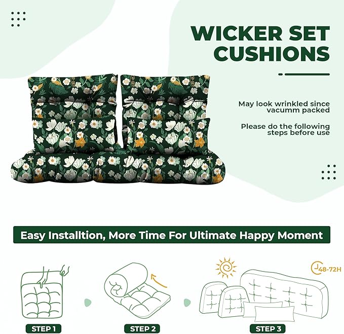 Wicker Chair Cushions of 5 Pieces, Waterproof Outdoor Loveseat Cushion for Wicker Furniture, 1 Love Seat Cushion, 2 U-Shape and 2 Lumbar Pillows for Patio Furniture (Green Flower)