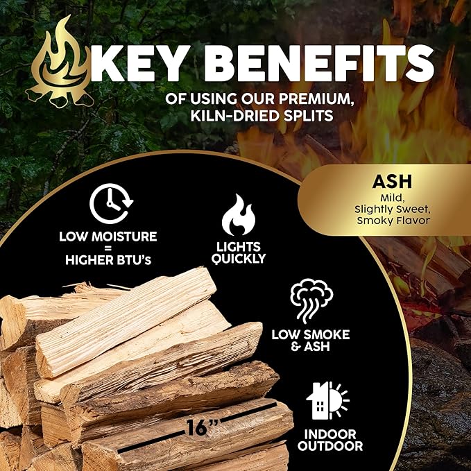 Kiln-Dried PA Ash – 16” Splits (Approx. 38 lb) – Mild Smoking Wood for Cooking, Grilling, BBQ & Campfires – Easy Light, Low Smoke, USA-Sourced