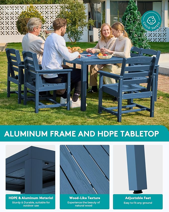 SERWALL 5-Piece Outdoor Table and Chairs, 60" - 83" Expandable Outdoor Dining Table with Aluminum Frame & HDPE Tabletop, All Weather HDPE Patio Furniture Set for Backyard, Garden, Blue