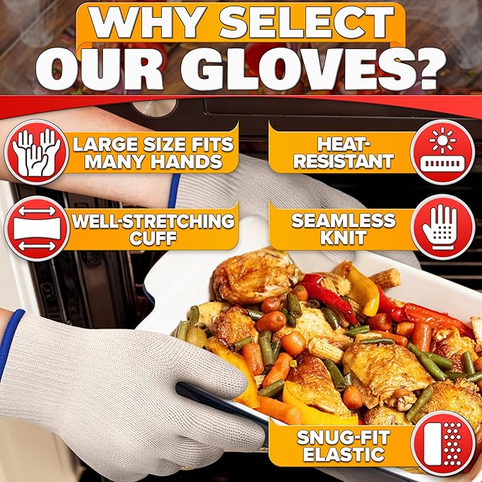 Heat Resistant Gloves for Cooking & Grilling – Aramid Oven Mitts Gloves with Fingers, Thick Knit Design Ensures Short-Term Hand Protection up to 932°F – Secure Grip for Baking, Fryer, and BBQ
