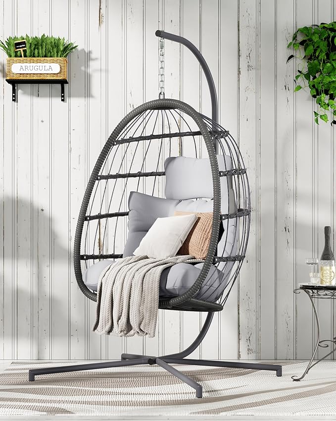 HWB Hanging Egg Chair with Stand, Patio Wicker Egg Swing Chair with Cushion for Bedroom Garden Indoor Outdoor (Grey)