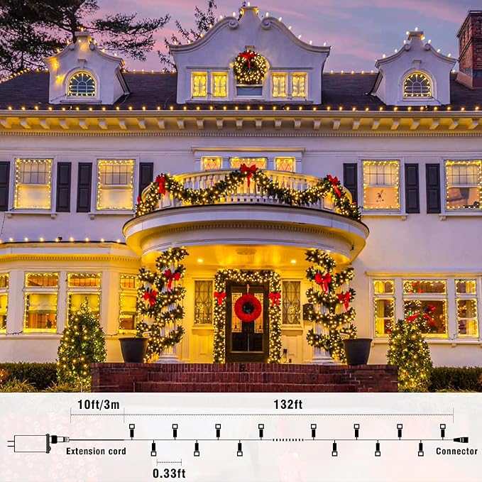 132FT 400 LED Christmas Lights Outdoor, Christmas String Lights Indoor with 8 Modes Waterproof, Plug in Twinkle Fairy Lights Clear Wire for Bedroom Patio Window Garden Wedding Xmas Decor, Warm White