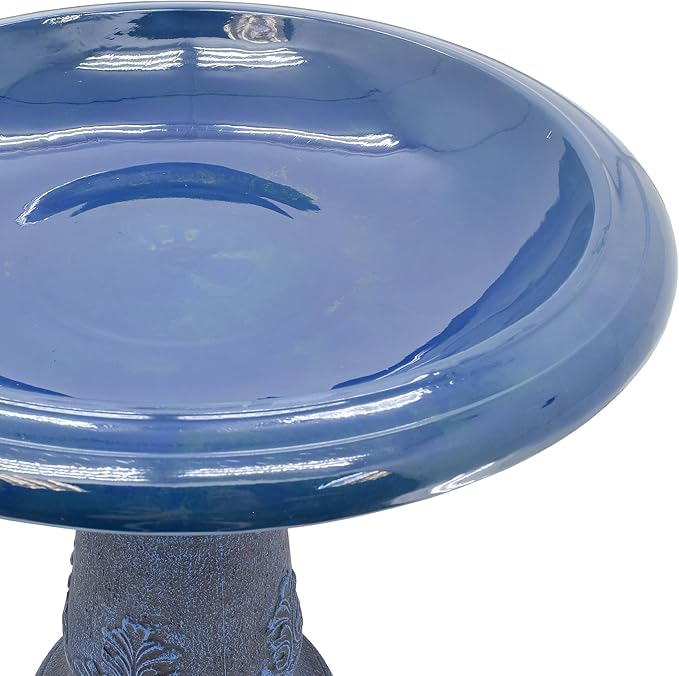 Arcadia Garden Products Fiberclay Bird Bath Outdoor Garden Decor, Antique Vintage Weather Resistant Water Bowl for Backyard and Patio and, 20-inch Tall, Blue