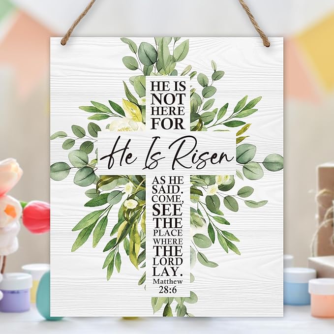 Easter Welcome Sign for Front Door, He is Risen Easter Door Sign Decor, Spring Cross Rectangle Wood Sign Hanger for Outdoor Farmhouse Garden Porch Home - C07