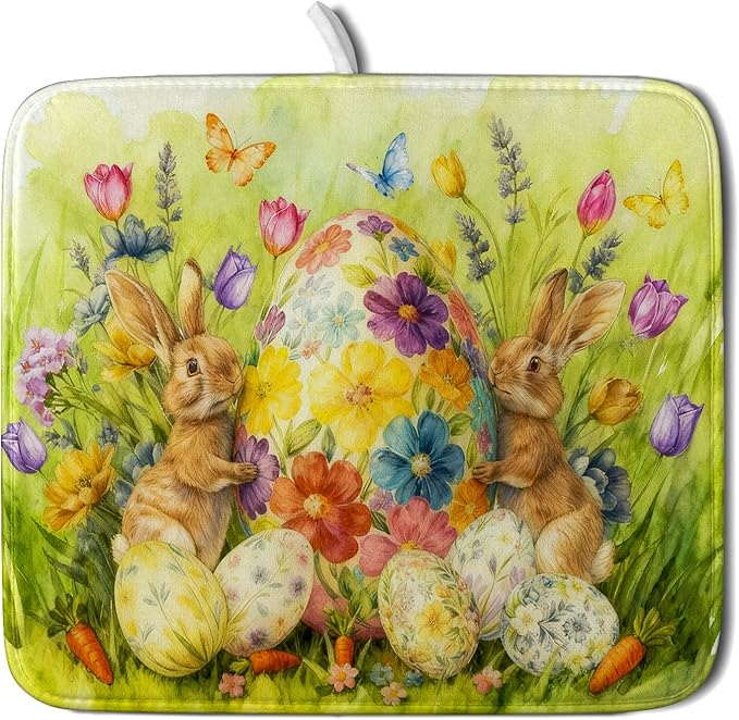 Easter Dish Drying Mat for Kitchen Counter Spring Bunny Microfiber Countertop Mat Small