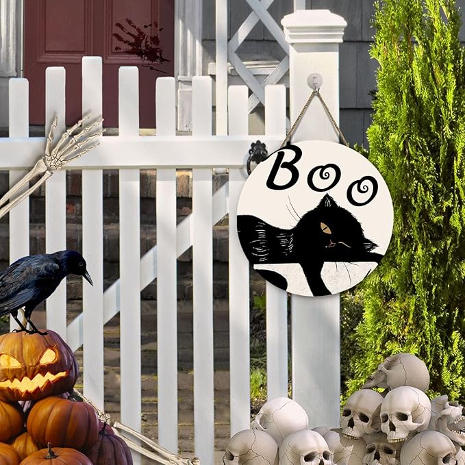 Halloween Black Cat Signs for Front Door Boo Wooden Door Hanger Scary Holiday Hanging Decorations for Wall Porch Outdoor