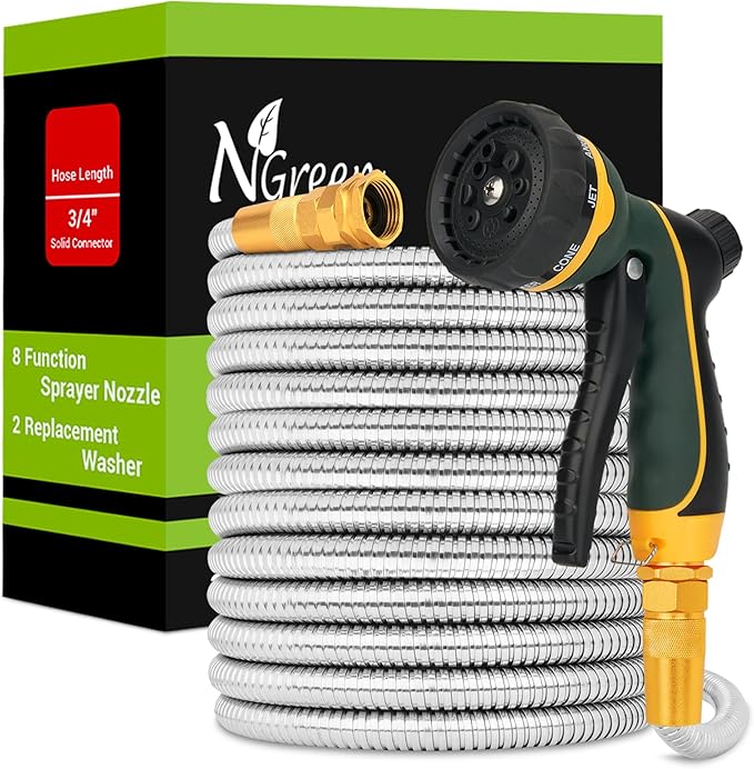 NGreen Stainless Steel Garden Hose - Flexible Metal Water Hose with Nozzle, Puncture, Rust Proof and Corrosion Resistant, Never Kink and High Pressure, Collapsible and Easy to Store (50FT)