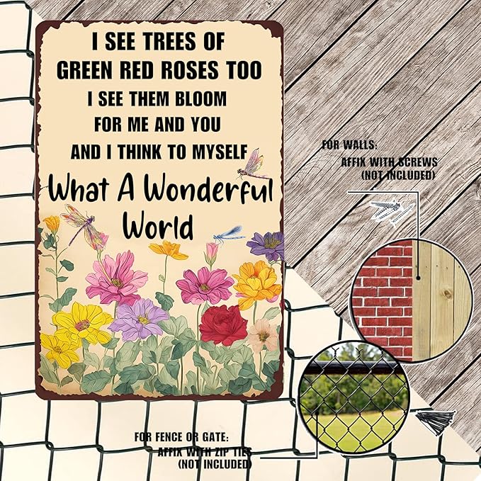 XIULUAN Vintage Garden Art Metal Signs Home Flowers Wall Decoration Easter Decor What A Wonderful World Sign 12x8 Inches, Yellow
