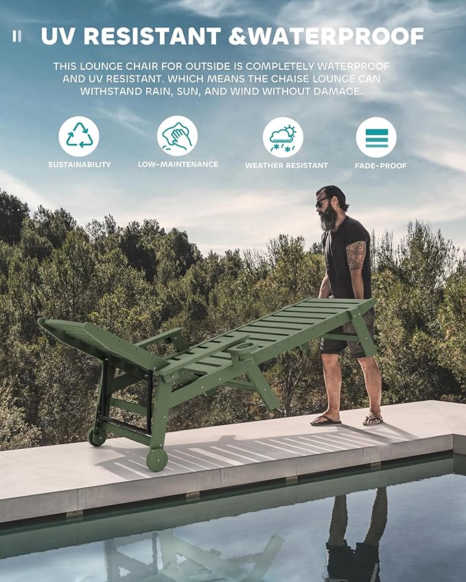 SERWALL Patio Chaise Lounge Chair, 78'' Long HDPE 5 Positions Adjustable Outdoor Lounger, Poly Lounge Chair with Rolling Wheels & Cup Holder for Pool, Avocado Green