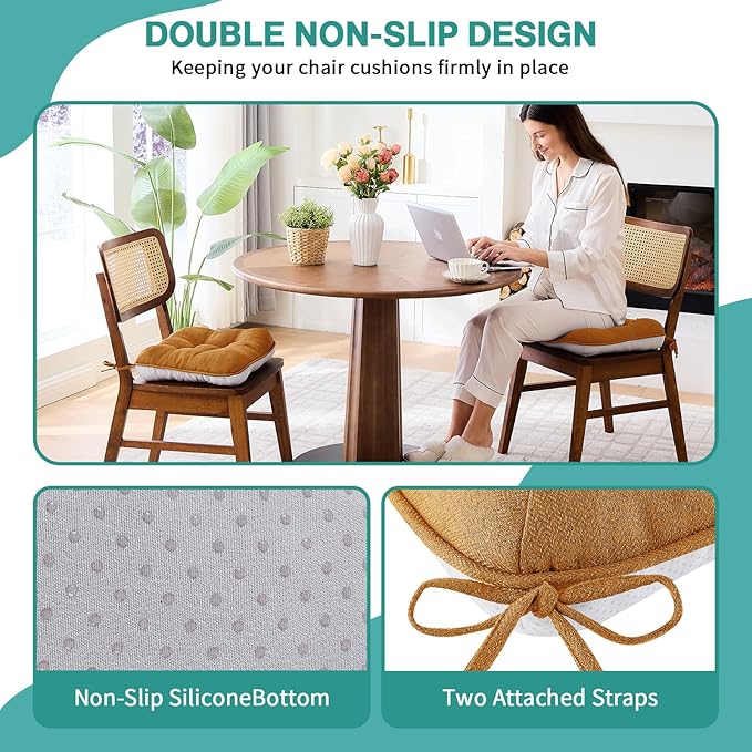 BETU Chair Cushions for Dining Chairs Set of 2,3.5" Thick Kitchen Table Chair Pads with Ties,Non Slip Backing and Covers, Seat Cushion for Dining Room,Bar,Patio Chairs,16"X16"X3.5",Caramel
