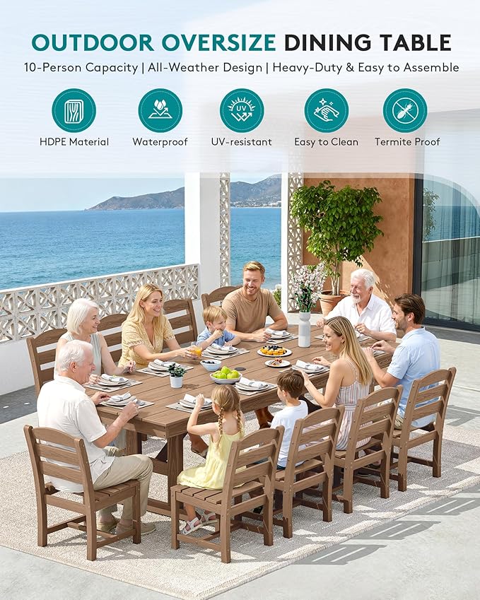 SERWALL Outdoor Dining Table, 84" Rectangular Dining Table for 6-10 Person, All Weather HDPE Outdoor Furniture for Backyard, Garden, Brown