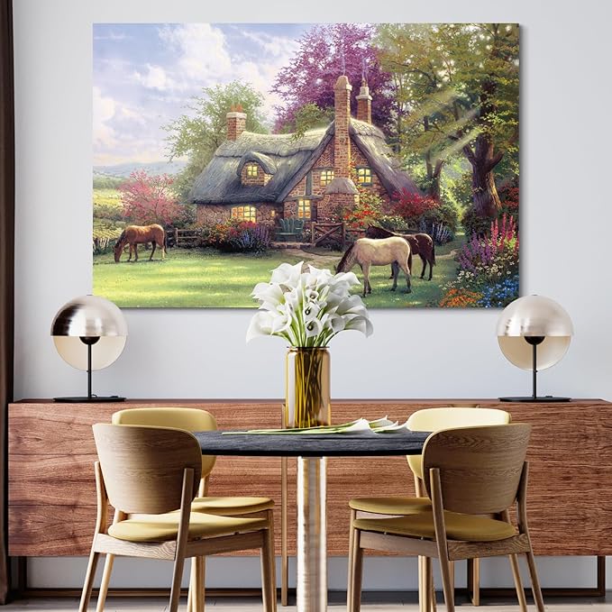 STUDIO HAVEN Thomas Kinkade Canvas Wall Art, Stone Thatched Cottage Grazing Horses Flower Garden and Sunny Meadow Oil Painting Poster Rustic Wall Decor, Framed Prints for Home Decor, 48x32Inch