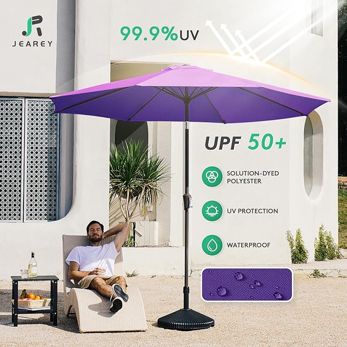 JEAREY 10FT Outdoor Patio Umbrella Outdoor Table Umbrella with Push Button Tilt and Crank, Market Umbrella 8 Sturdy Ribs UV Protection Waterproof for Pool, Garden (Dark Purple)