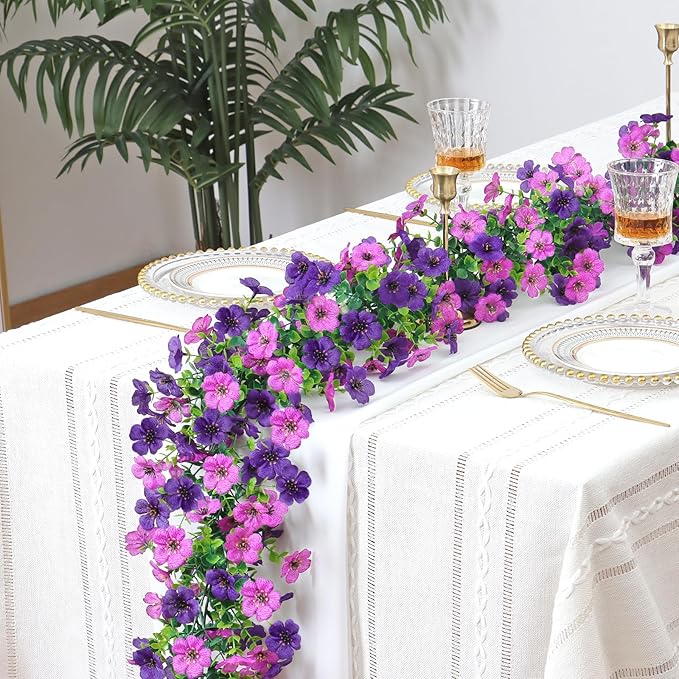 2 Pack Artificial Flowers Garland Ivy,Spring Summer Decor UV Resistant Fake Daisy Vines Floral Vine Silk Hanging Flower for Decor Home Garden Wedding Photo Booth Backdrop (Light Dark Purple)