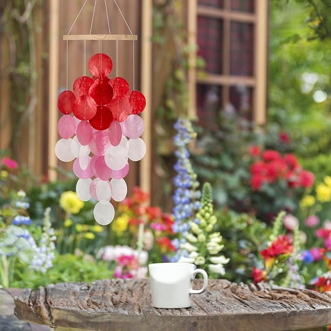 Wind Chimes for Outside, Handcrafted Capiz Shells Windchime Coastal Style Decor for Indoor/Outdoors, Garden Decors, Great Gift for Women, Beach Hanging Decor, Wind Chimes Lovers (Red Pink Gradient)