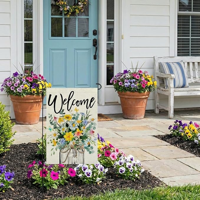 CROWNED BEAUTY Spring Floral Garden Flag Mason Jar 12x18 Inch Double Sided Small Burlap Seasonal Holiday Flag for Outside Yard Welcome CF1377-12