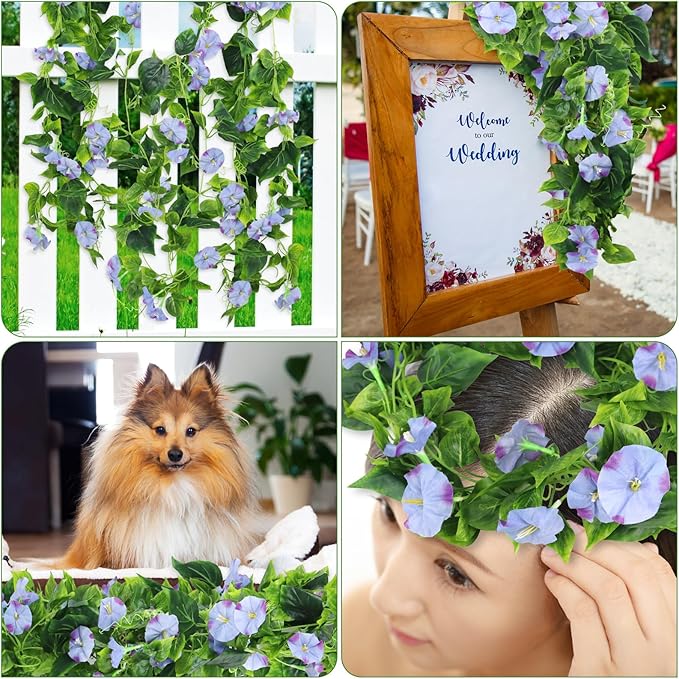 AirSun Artificial Morning Glory Flower Vines, 2pcs 15Feet Hanging Plants Silk Garland Fake Green Plant Home Garden Wall Fence Indoor Outdoor Wedding Birthday Decor