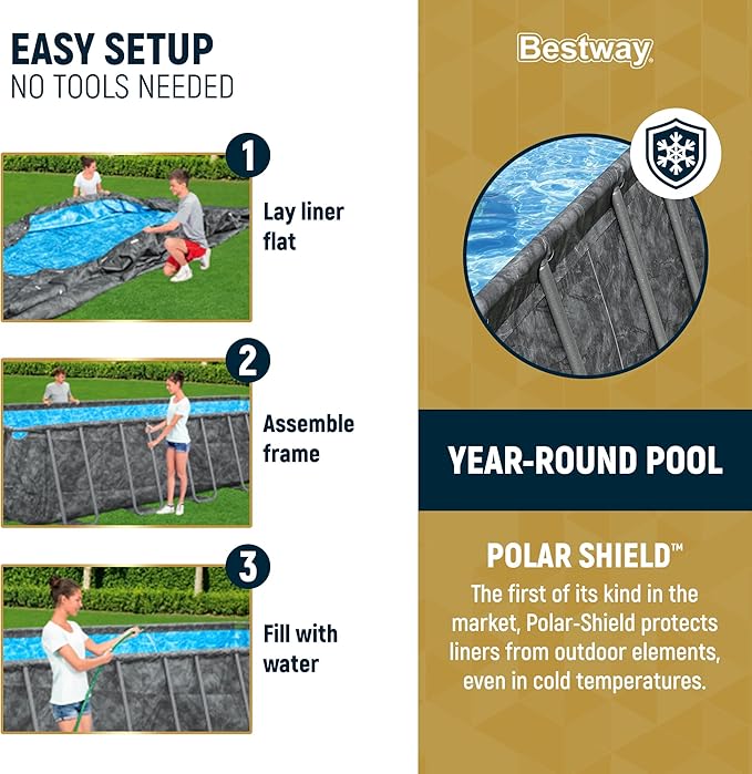 Bestway APX 365 24' x 12' x 52" Above Ground Pool, Rectangular Metal Frame Outdoor Swimming Pool Set with Sand Filter Pump, Ladder, and Cover, Dark Marble