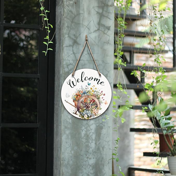 Spring Hanging Decor For Front Door, Wildflowers Welcome Spring Round Sign Decor For Farmhouse Home Yard Porch, Hello Spring Decorations, Spring Wall Plaque Gifts For Friends Family -08