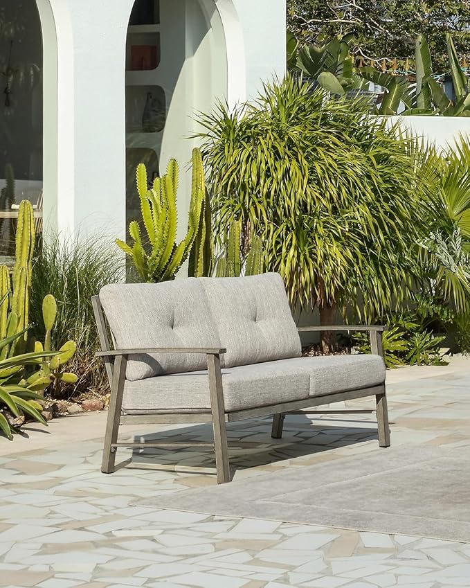 Patio Furniture Loveseat Sofa, Outdoor Aluminum Couch with 5.9'' Soft Cushion, All-Weather Outdoor 2 Seats Patio Furniture Sofa Couch for Garden, Poolside, Lawn, Limed Oak