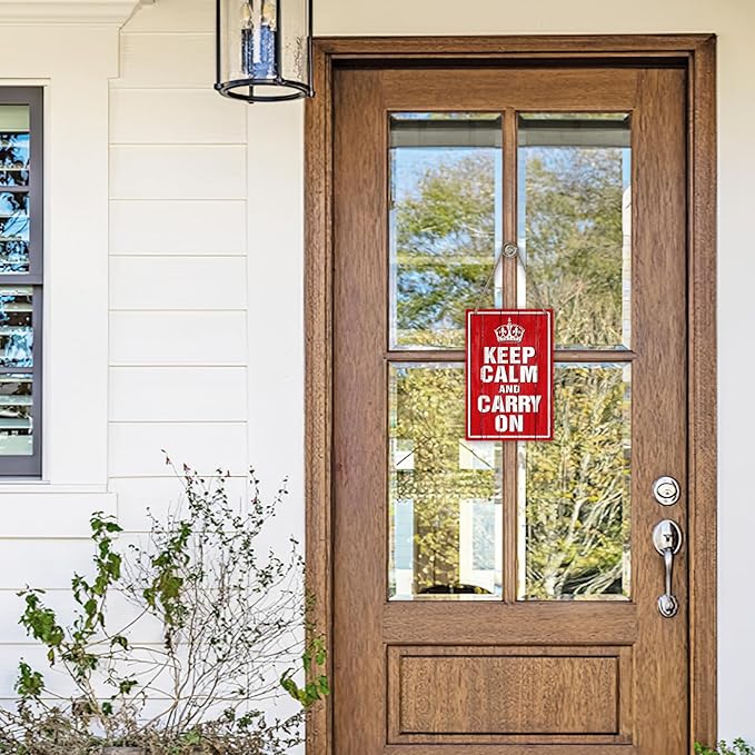 Inspirational Keep Calm and Carry on Front Door Sign, Motivational Crown Wood Hanger Outdoor Outside Porch Decor, Red Farmhouse Wooden Wreath Indoor Wall Hanging Home Office Bar Decoration