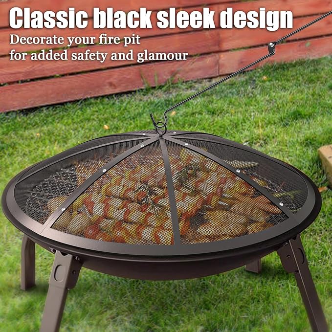 Fire Pit Spark Screen, 36Inch Fire Pit Lid Outdoor with Handle & Poker, Heavy-Duty Mesh Firepit Cove with 12 Reinforced Bars for Backyard/Beach/RV Camping