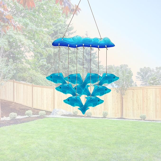 Sea Glass Dolphin Fish Wind Chimes for Outside, Windchimes Outdoors Unique, Patio Beach Outdoor Home Garden Decor, Windchimes Outdoors, Memorial Garden Christmas Decoration Gifts