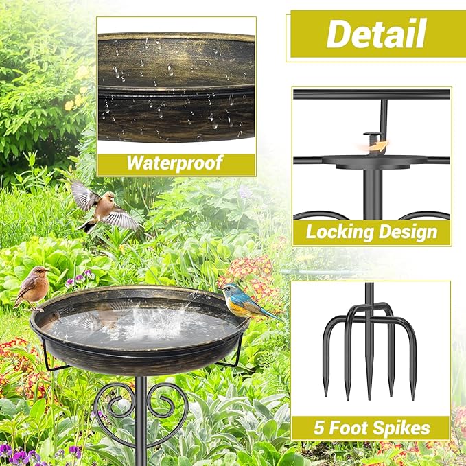 Metal Bird Bath for Outside,Vintage Freestanding Bird Bath with Metal Stake Upgraded 5 Pronged Base Detachable Birdbaths Feeder Bowl for Outdoors Garden Patio Yard Lawn Decor (Vintage Gold)