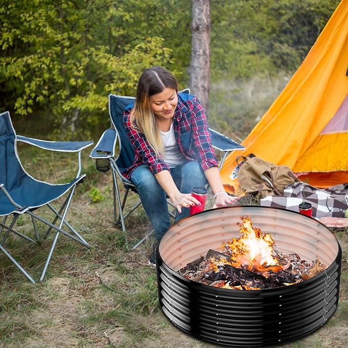 39 Inch Fire Pit Ring for Outside, 17'' Tall Firepit &Outdoor Fireplace Wood Burning,Heavy Duty Galvanized Steel Fire Bowls Portable for Backyard Bonfire,Patio,Camping,Round