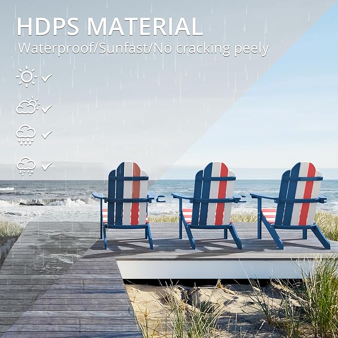 LUE BONA HDPS Adirondack Chairs Set of 4, Fire Pit Outdoor Chair Weather Resistant with Cup Holder, Modern Plastic Chair Plastic for Patio, Deck, Proch, 350LBS, Flag Blue